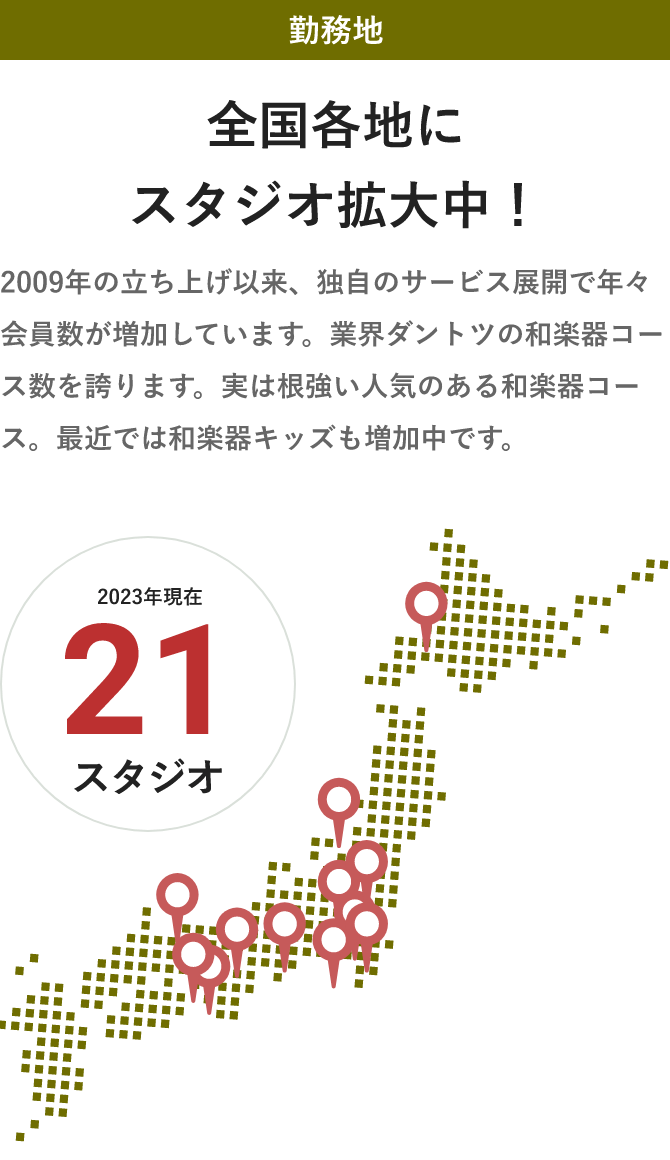 「勤務地・全国各地にスタジオ拡大中！・2009年の立ち上げ以来、独自のサービス展開で年々会員数が増加しています。業界ダントツの和楽器コース数を誇ります。実は根強い人気のある和楽器コース。最近では和楽器キッズも増加中です。」